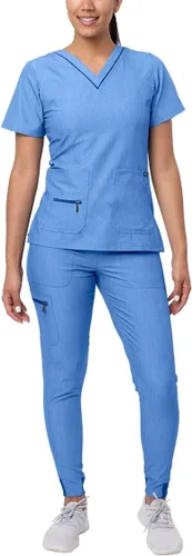 Vista 21 de Adar Pro Scrubs for Women Set - V-Neck & Jogger Cargo Pants, 7 Pockets Blanco