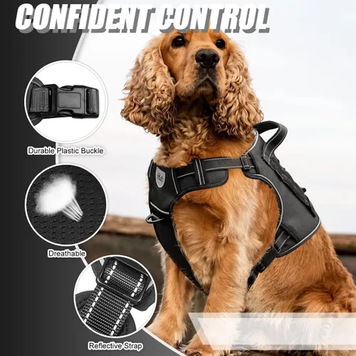 Vista 2 de Arnés táctico para perro sin tirones, arnés militar reflectante para perro, chaleco táctico para perro con asa molle y resistente, clip de correa