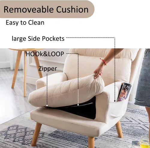 Vista 4 de INZOY Sillas Accent con Otomano, Sillón de Terciopelo Moderno con Respaldo Ajustable, Cómoda Silla de Salón para Sala de Estar Dormitorio, Crema