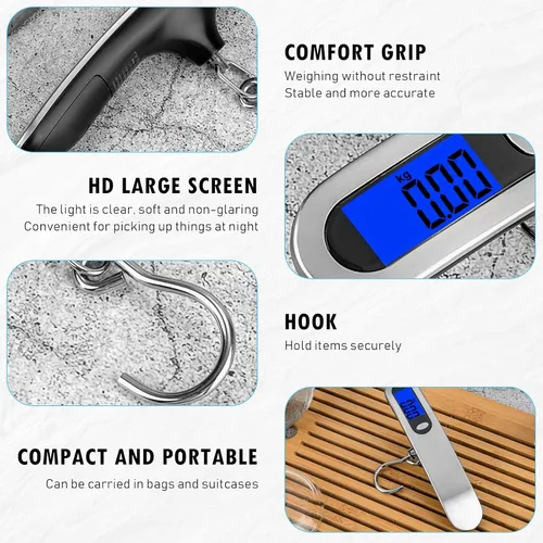 Vista 6 de Báscula de equipaje, nueva báscula digital portátil 2.0 para maleta con carga USB, báscula de equipaje de 110 libras110.2 lbs con gancho, báscula