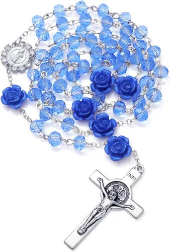 Vista 75 de KOMI Rosario de cuentas católicas para mujer, collar de cuentas de rosario con cruz de crucifijo, perlas de cristal, rosario, rosarios, católicos