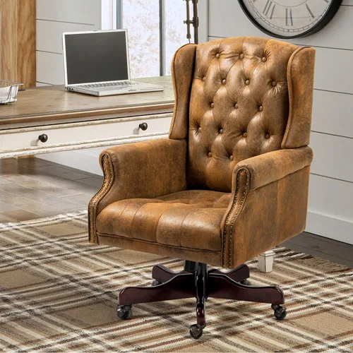 Vista 9 de ECOTOUGE Silla de escritorio ejecutiva mejorada 2026, silla de oficina en casa con respaldo de alas de cuero con ribete de cabeza de clavos y Azul