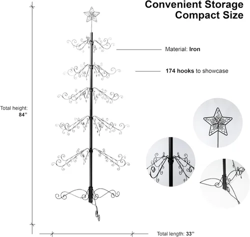 Vista 3 de HOHIYA Árbol de Navidad de hierro forjado de 6.5 pies, alternativa para árbol de Navidad, 174 ganchos, soporte de exhibición de adornos de metal
