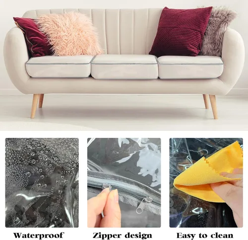 Vista 5 de 4 fundas de cojín de plástico transparente de PVC impermeable para sofá, funda de asiento contra gatos, perros, arañazos y garras, 28 x 28 x 9 Borde