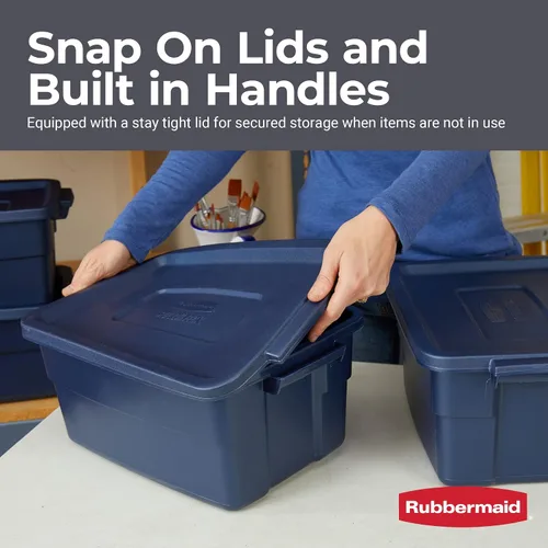 Vista 3 de Rubbermaid Roughneck Tote de 3 galones, paquete de 6, fabricado en EE.UU., índigo oscuro metálico, contenedores de almacenamiento de plástico