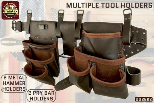 Vista 5 de Graintex Cinturón de herramientas de carpinteros de 13 bolsillos, combo de 4 piezas de bolsa de herramientas de cuero de grado industrial, cinturón