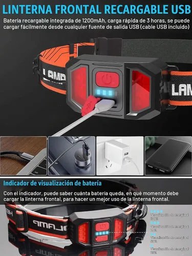 Vista 4 de Linterna de cabeza LED Spriak recargable, faro de 1000 lúmenes con haz amplio de 230°, linterna de cabeza recargable por USB con luz trasera roja