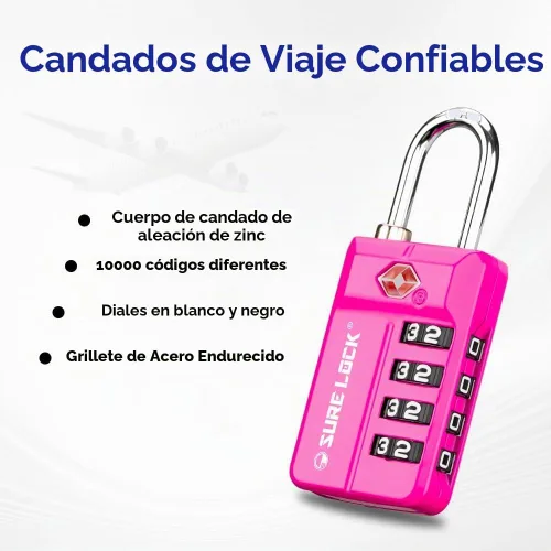 Vista 3 de SURE LOCK Cerradura de combinación reiniciable de 4 dígitos aprobada por la TSA con alerta abierta, diales de fácil lectura, para equipaje 17021ALL