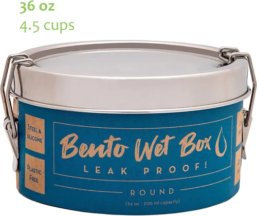 Vista 3 de ECOlunchbox Bento Wet Box - Recipiente redondo de acero inoxidable a prueba de fugas, 24 onzas (23.7 fl oz), junta de silicona y clips de cierre