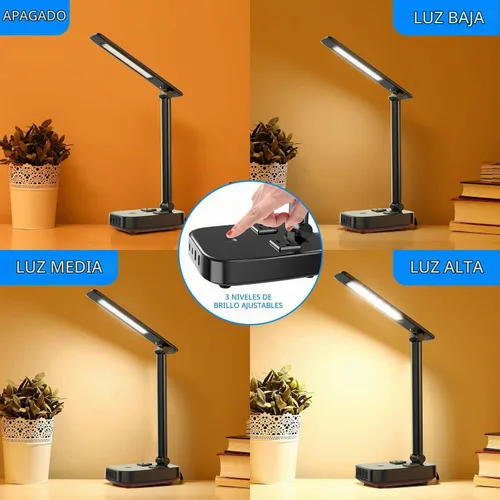 Vista 3 de Yostyle Lámpara de escritorio LED con 4 puertos de carga USB y 2 salidas de CA, estación de tira de alimentación con cable de extensión de 5 pies