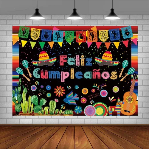 Vista 4 de AIBIIN Telón de fondo de feliz cumpleaños de 7 x 5 pies, decoración de fiesta mexicana, fiesta de feliz cumpleaños, festival del Cinco de Mayo