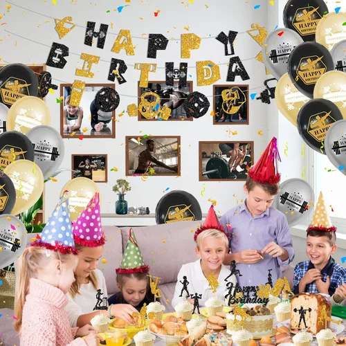 Vista 4 de KEFAN Decoraciones de fiesta de cumpleaños de gimnasio, suministros de fiesta temática de fitness negro y dorado con globos de látex, decoración