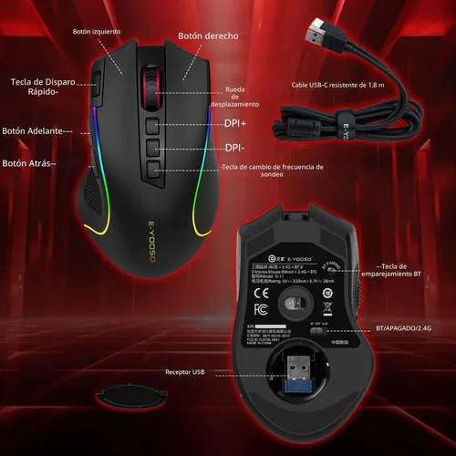 Vista 9 de E-YOOSO - Ratón inalámbrico Premium Bluetooth versátil, 8000 DPI, 6 retroiluminado RGB, USB C recargable, ergonómico, 2.4G/BT/con cable, tecla