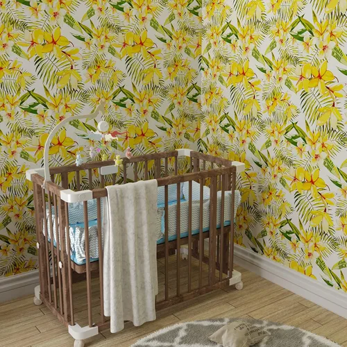 Vista 5 de CRE8TIVE Papel tapiz floral amarillo de tamaño grande de 24 x 354 pulgadas, papel tapiz de hojas florales para despegar y pegar, papel de contacto