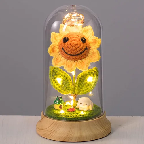 Vista 8 de Regalos de girasol de ganchillo para mujeres, regalos de cumpleaños de flores de sol artificiales para abuela, en cúpula de plástico girasol