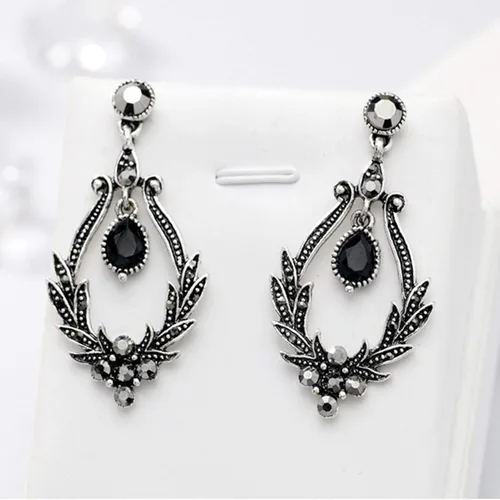Vista 4 de Pendientes de aro con forma de gota y colgante, diseño vintage de flores huecas con diamantes de imitación, regalo para mujeres, adolescentes