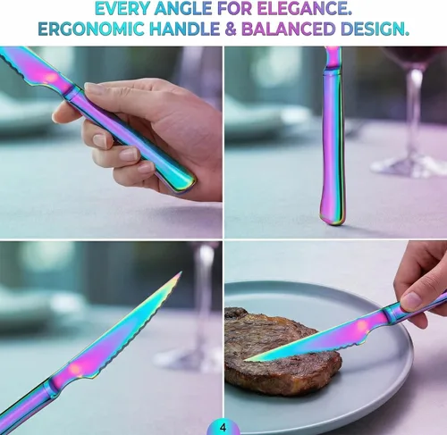 Vista 7 de Paquete de 6 cuchillos de carne de acero inoxidable arcoíris, iridiscentes dentados afilados para mesa de cocina