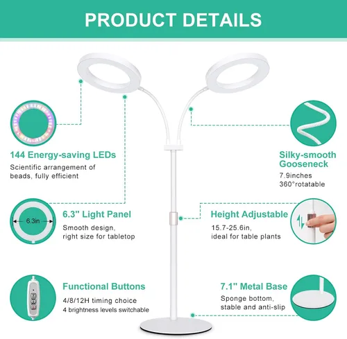 Vista 5 de LBW Luces de cultivo de plantas Halo, luz de crecimiento de escritorio de doble cabezal para plantas de interior, lámpara de crecimiento de espectro