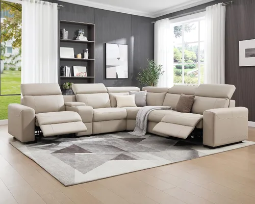 Vista 4 de Sofá Reclinable Eléctrico AMERLIFE, Sofá Reclinable con Consola y Reclinación Dual, Sofá Seccional de Cuero para Sala de Estar, Beige Marrón