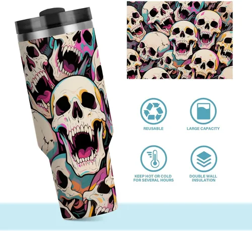 Vista 8 de Botella de agua de boca ancha al vacío con diseño de calavera de animales de dibujos animados coloridos para niños con tapa y pajita, taza