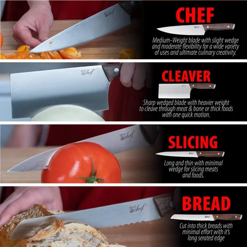 Vista 5 de Deco Chef Juego de cuchillos de cocina de 16 piezas de acero inoxidable con asas de madera, cuchillo de chef de 8 pulgadas, cuchilla de 6.5