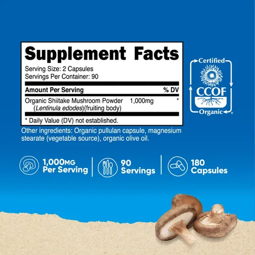 Vista 2 de Nutricost Cápsulas orgánicas de hongos Shiitake de 1000 mg, 90 porciones – Certificado CCOF fabricado con orgánico, vegetariano, sin gluten, 500 mg