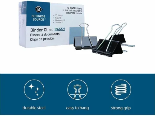 Vista 2 de Business Source Clips plegables para carpeta, color negro, grande (paquete de 12)