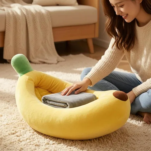 Vista 7 de Cama para mascotas en forma de fruta, linda cama acogedora para gatos en forma de plátano, tamaño a 4