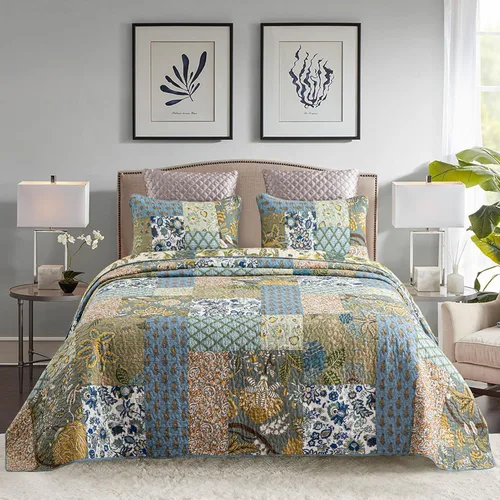 Vista 7 de YAYIDAY - Edredón tamaño Queen, juego de colcha con diseño de retazos - 100% algodón reversible y transpirable con estampado floral acolchado