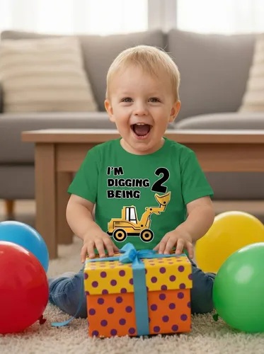 Vista 3 de Tstars Conjunto de construcción de segundo cumpleaños para niños pequeños – Camiseta I'm Digging Being 2 – Bulldozer Digger Truck Tee Manga regular