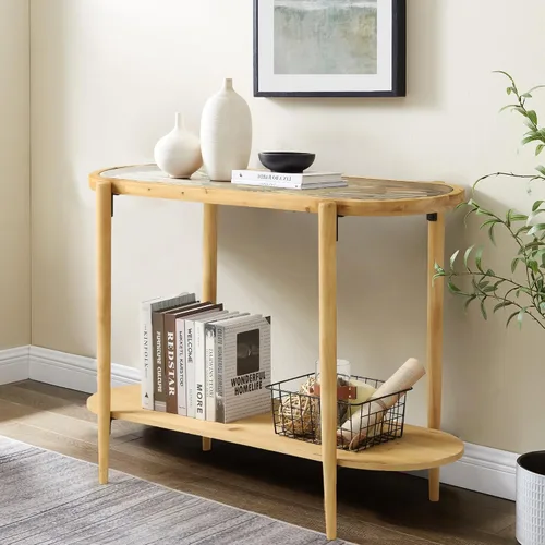 Vista 3 de RUSTOWN Mesa consola de ratán, mesa de entrada bohemia de 2 niveles con parte superior de vidrio templado y patas de madera, mesa de sofá moderna