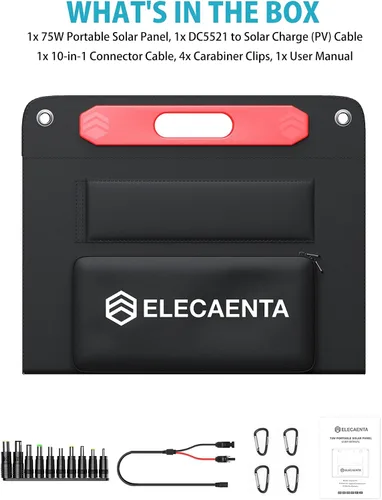 Vista 9 de ELECAENTA Panel Solar Portátil de 75W para Estación de Energía, Conversión del 24%, PD45W USB C/QC3.0, ETFE Monocristalino con Soporte Plegable IPX5