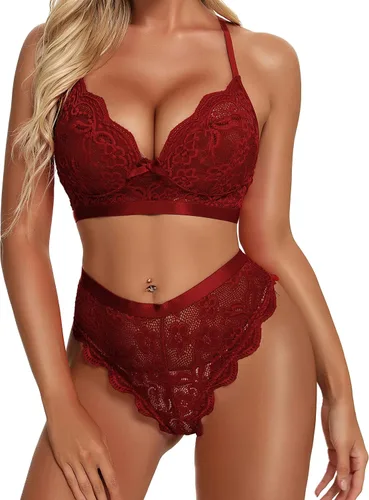 Vista 4 de KYLELOVE Conjunto de lencería para mujer, conjunto de brasier y bragas inalámbricos, trajes de boudoir de encaje