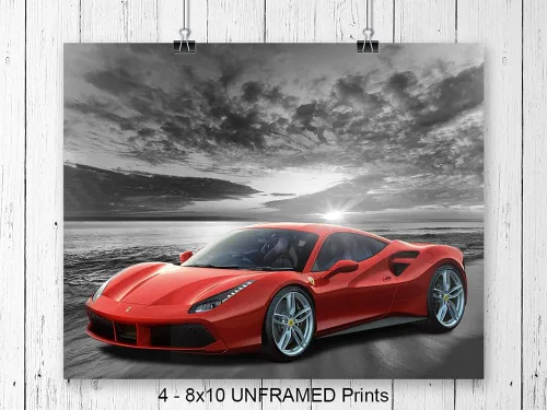 Vista 4 de Lamborghini McLaren Ferrari Bugatti - Arte de pared - Decoración de habitación de niños - Decoración de coche de carreras - Juego de carteles