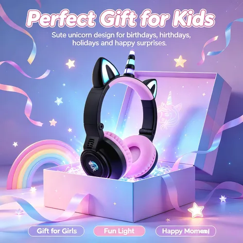 Vista 4 de Unicornio Bluetooth Niños Auriculares Plegables para Niñas (Negro)