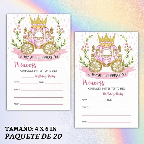 Vista 2 de Invitaciones de cumpleaños de princesa con sobres, tarjeta de invitación de fiesta real para niñas, tarjetas de invitaciones rosadas y doradas