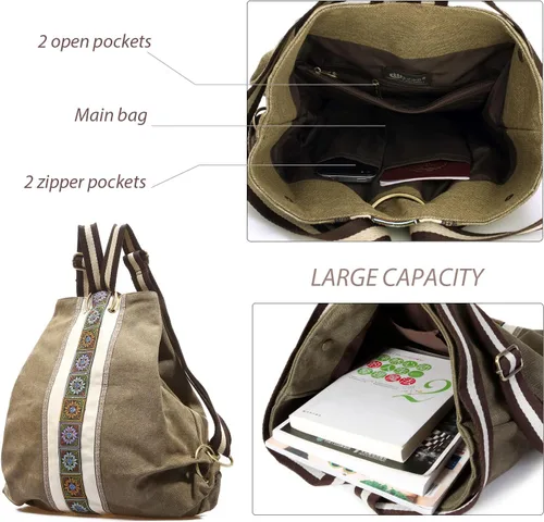 Vista 4 de Goodhan Mochila de lona vintage y bolso cruzado, juego de uso diario, Marrón, Goodhan Mochila y bolso cruzado de lona vintage