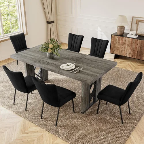 Vista 22 de HIPIHOM Mesa de comedor de granja de 70.8 pulgadas para 6 personas, mesa de cocina rectangular grande con patas resistentes, muebles de comedor