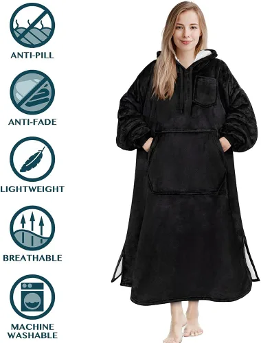 Vista 8 de PAVILIA Manta con Capucha para Mujeres, Manta Sherpa Usable para Hombres, Sudadera Cálida de Gran Tamaño, Manta con Capucha y Suéter, Negro