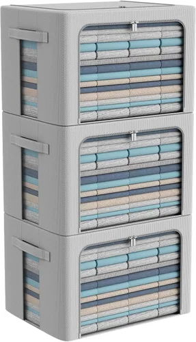 Vista 27 de Paquete de 3 cajas de almacenamiento con marco, bolsas de almacenamiento de ropa, tela Oxford, plegable, apilable, juego organizador con ventana
