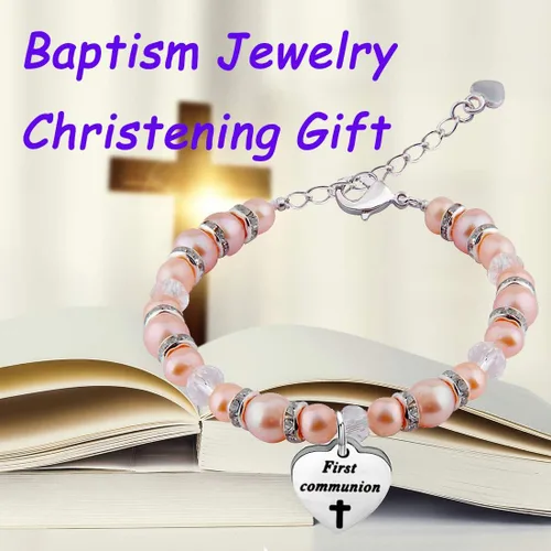 Vista 4 de Zuo Bao Regalo de primera comunión para niñas, pulsera de la primera comunión, pulsera de perlas con cruz para la primera comunión, joyería