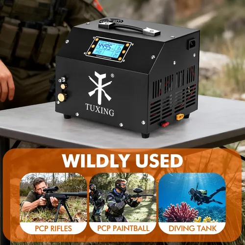 Vista 2 de TUXING Compresor de aire PCP de 4500 psi, compresor de rifle de aire con pantalla de control LCD luminosa, sin aceite/agua, transformador