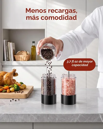 Vista 6 de TOMEEM Juego de molinillo eléctrico recargable de sal y pimienta de mayor Molinillo de pimienta automático de acero inoxidable de 3.7 fl oz con 5