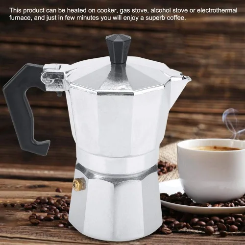 Vista 5 de Olla de moca, aluminio clásico de café expreso, estufa Moka Pot uso de oficina en casa 100ML 2 tazas