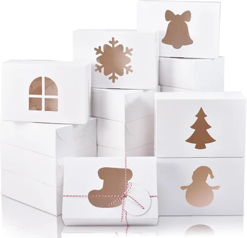 Vista 11 de COTOPHER 18 cajas de galletas de Navidad con ventana, 10 x 10 x 2.5 pulgadas, cajas de panadería marrones para regalo, cajas de postre de papel