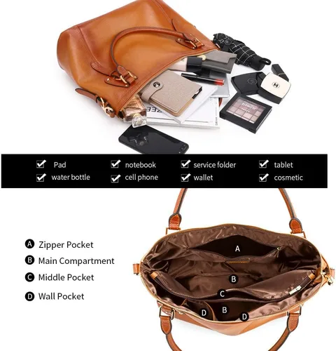 Vista 4 de Kattee Bolsos de cuero genuino Bolso de hombro para mujer, bolso de diseñador con asas superiores, bolso cruzado de gran capacidad