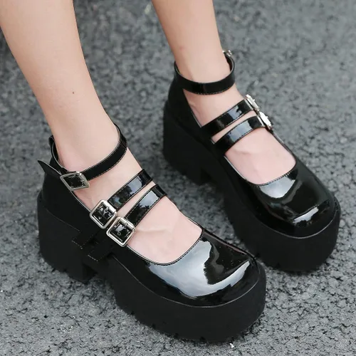Vista 5 de KIKIVIVI Womens Patent Leather Mary Jane Goth Platform Ankle Strap Chunky Heel Pumps