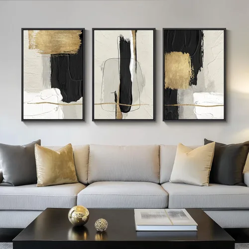 Vista 24 de Arte de pared abstracto moderno enmarcado en blanco y negro, 3 piezas de impresiones en lienzo pinturas obras de arte para paredes, cuadros Negro