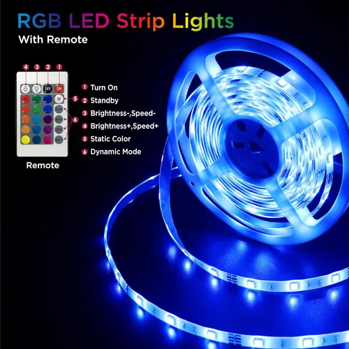 Vista 3 de Tira de luces LED, tira de luz RGB de 16.4 pies con control remoto y fuente de alimentación, revestimiento de poliuretano, adaptador ETL de 12 V CC