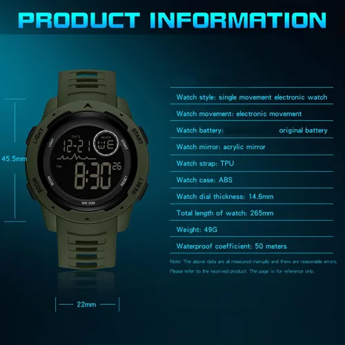 Vista 6 de findtime Reloj deportivo digital rojo para hombre, reloj para hombre, táctico, militar, 5ATM, resistente al agua, para hombre, con luz LED, alarma